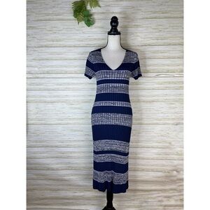 Becken Navy Lilac Block Stripe Ribbed Knit Midi Dress